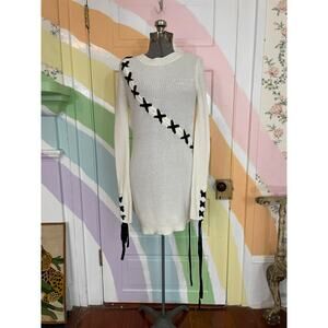 Lovers + Friends XS Ivory Black Lace Up Bodycon Sweater Mini Dress